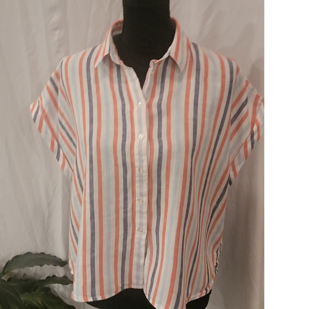 Banana Republic Women M Orange‎ Blue Striped Short Sleeve Button Down Boxy Shirt